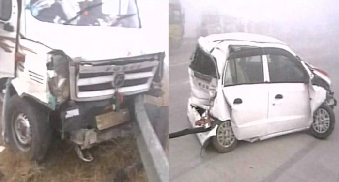 car accident मथुरा में यमुना एक्सप्रेस वे पर धुंध की मार से भिड़ी 20 गाड़ियां, कई घायल