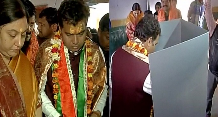 srikant मथुरा में भाजपा प्रत्याशी श्रीकांत शर्मा ने अपनी पत्नी के साथ डाला वोट