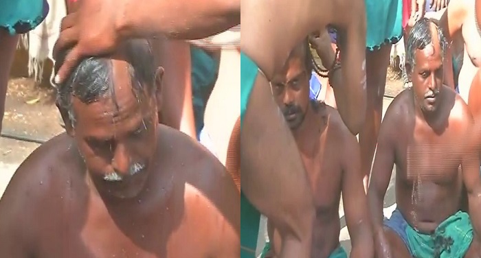 tamilnadu तमिलनाडु के किसानों ने आधा सिर मुंडवाकर किया प्रदर्शन