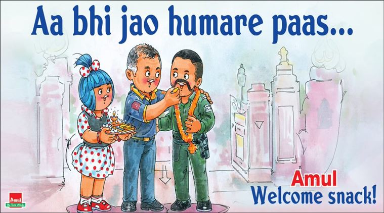 amul launch pilot abhinandan cartoon पायलट अभिनंदन वर्थमान के भारत लौटने के दौरान, अमूल कार्टून में स्वागत करता है