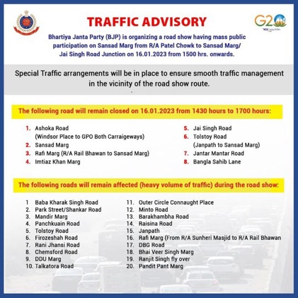 WhatsApp Image 2023 01 16 at 8.03.54 AM PM Modi Road Show: दिल्ली में पीएम मोदी के रोड शो को लेकर दिल्ली पुलिस ने जारी की ट्रैफिक एडवाइजरी
